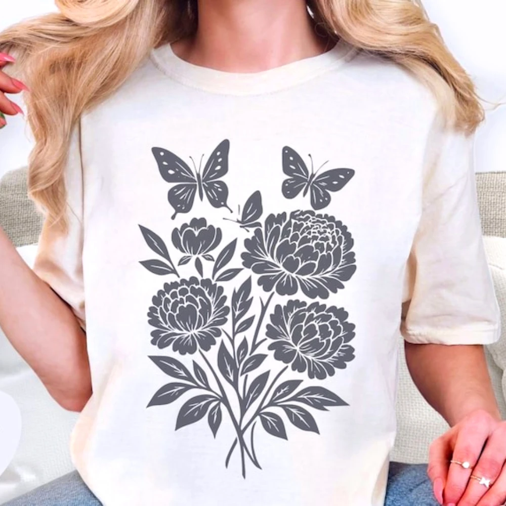 Flower Shirt Retro Block Print Peony T-Shirt Boho Botanical Tshirt Cottagecore Tee Vintage Floral Gift Women Summer Casual Tops