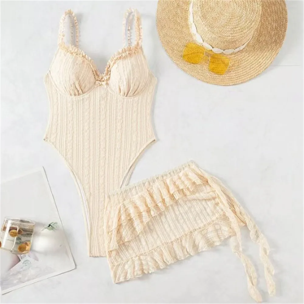 

Beige Lace Mesh Swimwear with Skirts Backless Sexy Swimsuit One Piece Women Push Up Bathing Suit High Cut Bathers 2025 Beachwear