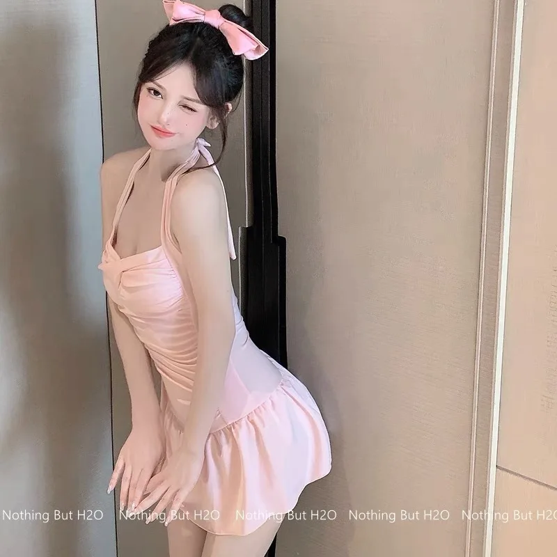 2023 Selling South Korea New Pink Sling One-Piece Slimming Bow Tie Female Solid Color Cute Small Fresh Hot Spring Swimsuit