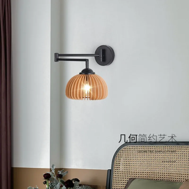 Japanese Retro Wall Lights Nordic Bedside Lamps Extendable Folding and Stretching Arm Creative Wooden Long Arm LED Wall Lamps