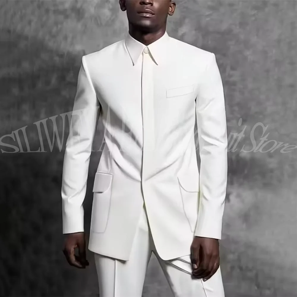 

New Designer Men Slim Fit White Blazer Two Piece Suit Set Business Casual Outfits Fashion Sets Jacket+Pants Trajes Para Hombre