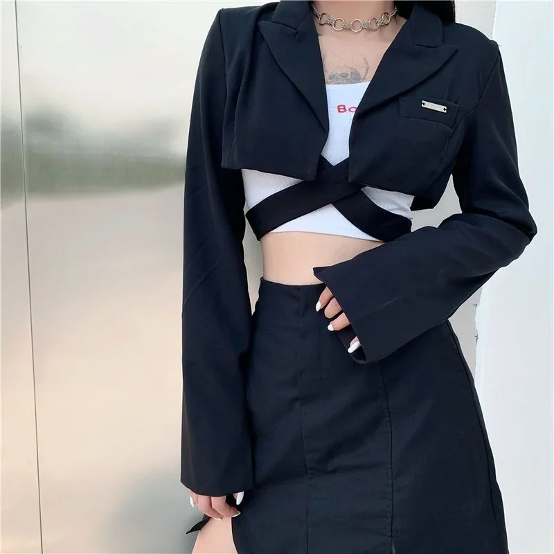 High Waist Cross Long Sleeved Women's Short Coat Vintage Clothes for Women Tops Shirts Blouses