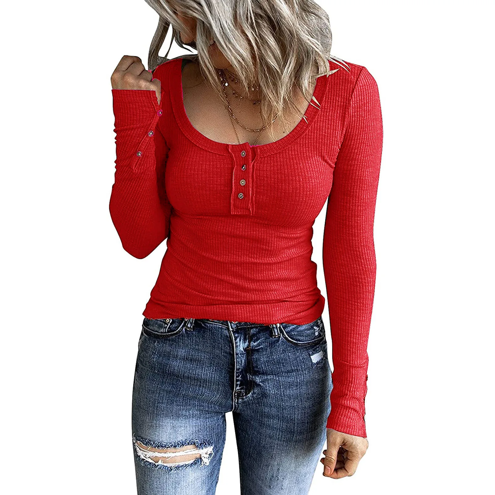 

Spring and Autumn Women's Long Sleeve T-shirt Button Pullover 20 Color Basic Top Simple Fashion Casual Versatile Tees