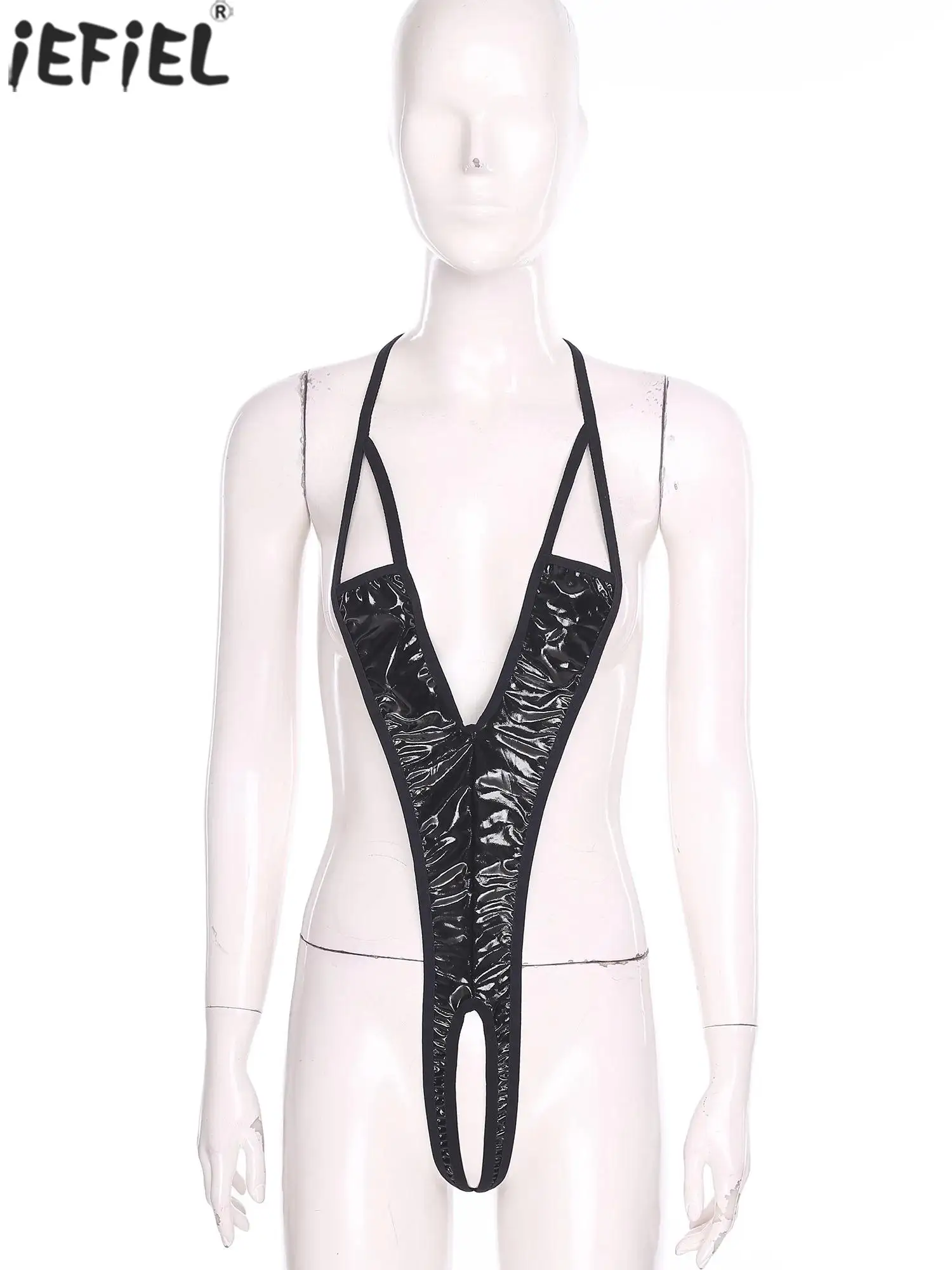 

Women Lingerie Temptation Monokini Nightwear Micro Coverage T-back Lace-up Metallic Bodysuit for Couple's Alluring Nightwear