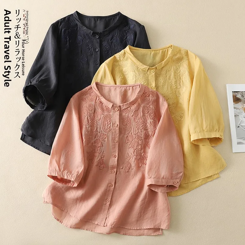 

Artistic Embroidered Shirt Women's Slim Fit Single Button Spring Summer New Style Fashionable Breathable Casual Loose Blouse