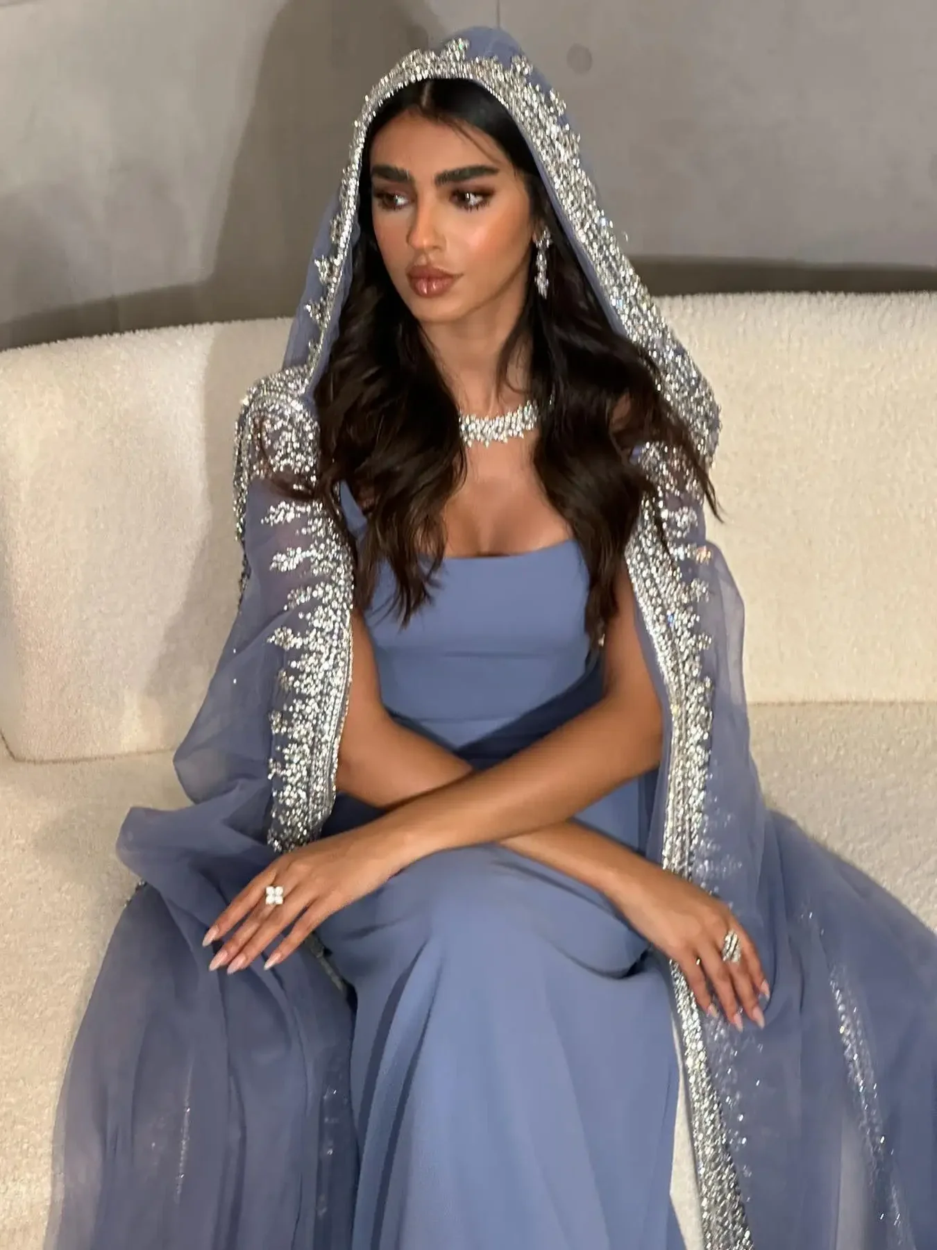 Oisslec Luxury Blue Mermaid Dubai Evening Dresses with Cape Sleeves Sage Green Elegant Arabic Women Wedding Party GownsSS445