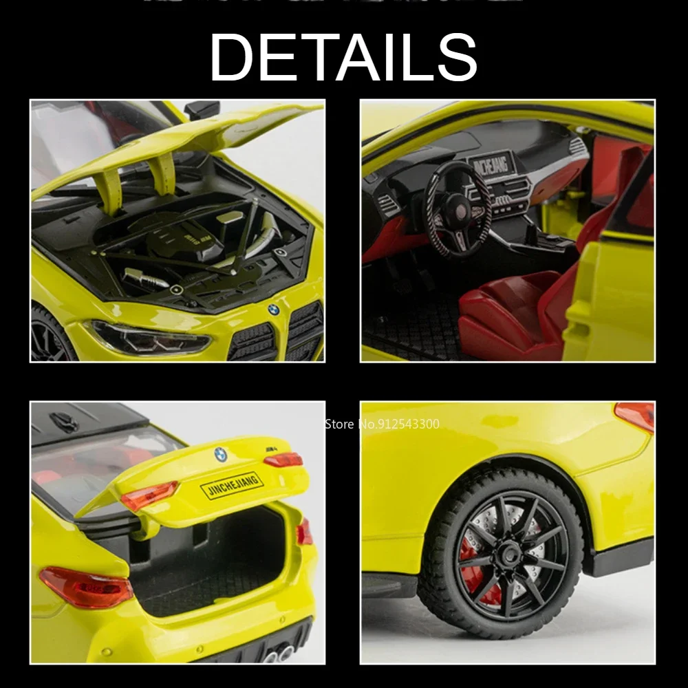 1:24 BMW M4 Sports Car Model Toy Diecast Metal Free Wheeling Music Light Pull Back Miniature Vehicles Models Gifts for Children