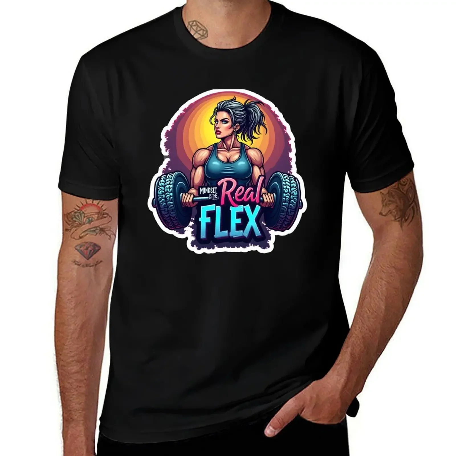 

Mindset is the Real Flex – Motivational Fitness Girl Sticker T-Shirt custom t-shirts anime figures quick drying Men's t shirts