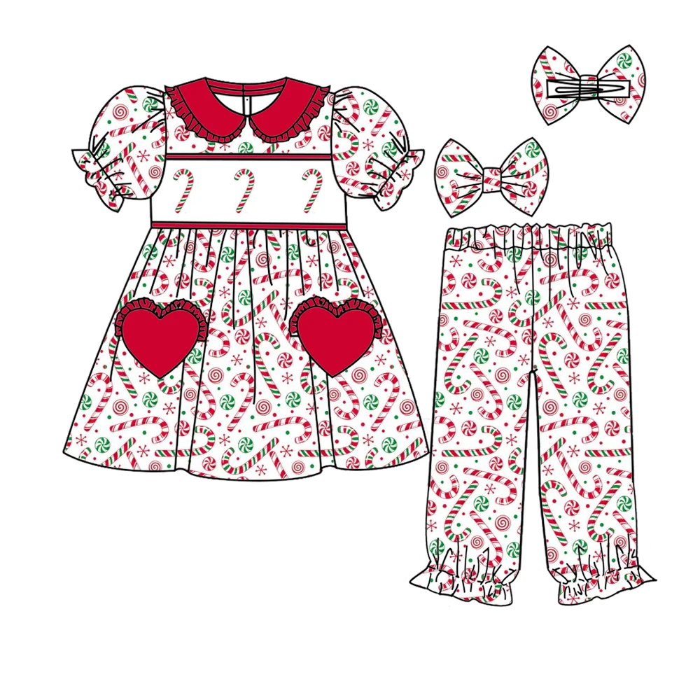 Boutique Boys and Girls Set Lapel Ruffle Puff sleeves Pair with Trousers Love Pocket Gifts Christmas tree and candy Print