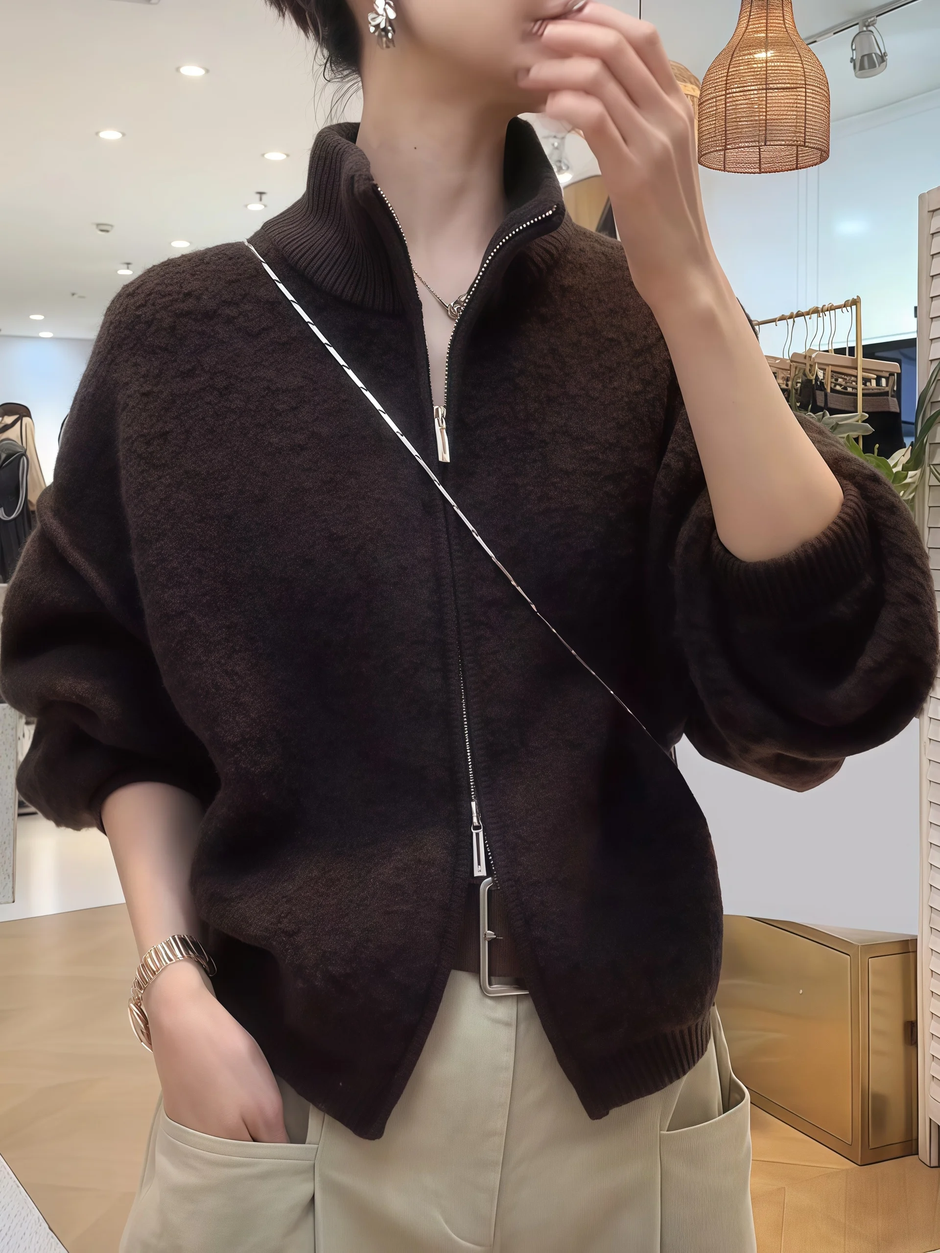 

Женский осенне-зимний кардиган с двойной молнией и высоким воротником, пушистый, модный, стройнящий, с эффектом «партикл-сенсейшн»