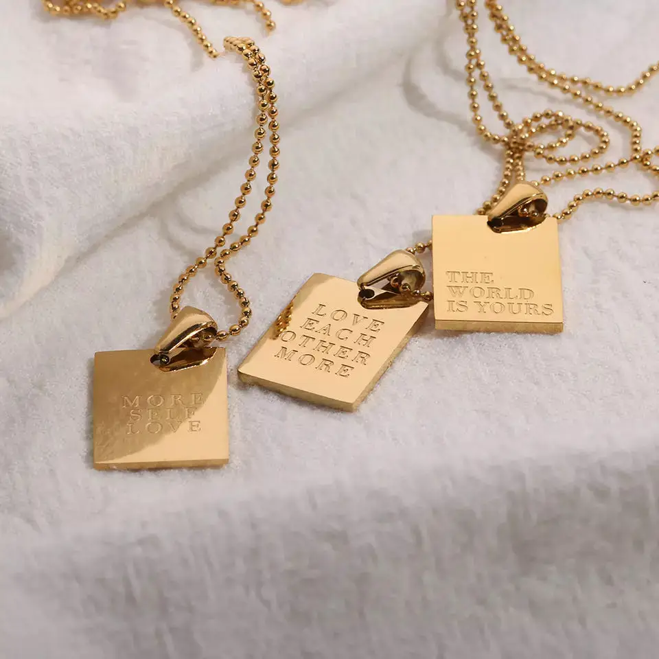 2022 Gold Color Stainless Steel Pendants Necklace Inspirational Engraved Letters Square Pendant Beads Chain Necklace For Women