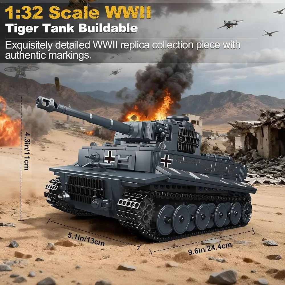Zestaw do składania niemieckiego czołgu Tiger w skali 1:32 dla dzieci od 8 lat, 800-elementowy zestaw zabawek militarnych z ruchomymi elementami, idealny dla miłośników historii.