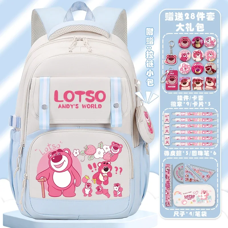 Sanrio กระเป๋านักเรียนสำหรับผู้หญิง, ใหม่กระเป๋านักเรียนลายหมีสตรอเบอร์รี่น่ารักกระเป๋าเป้สะพายหลังจุของได้มากน้ำหนักเบากระเป๋าสะพายหลัง