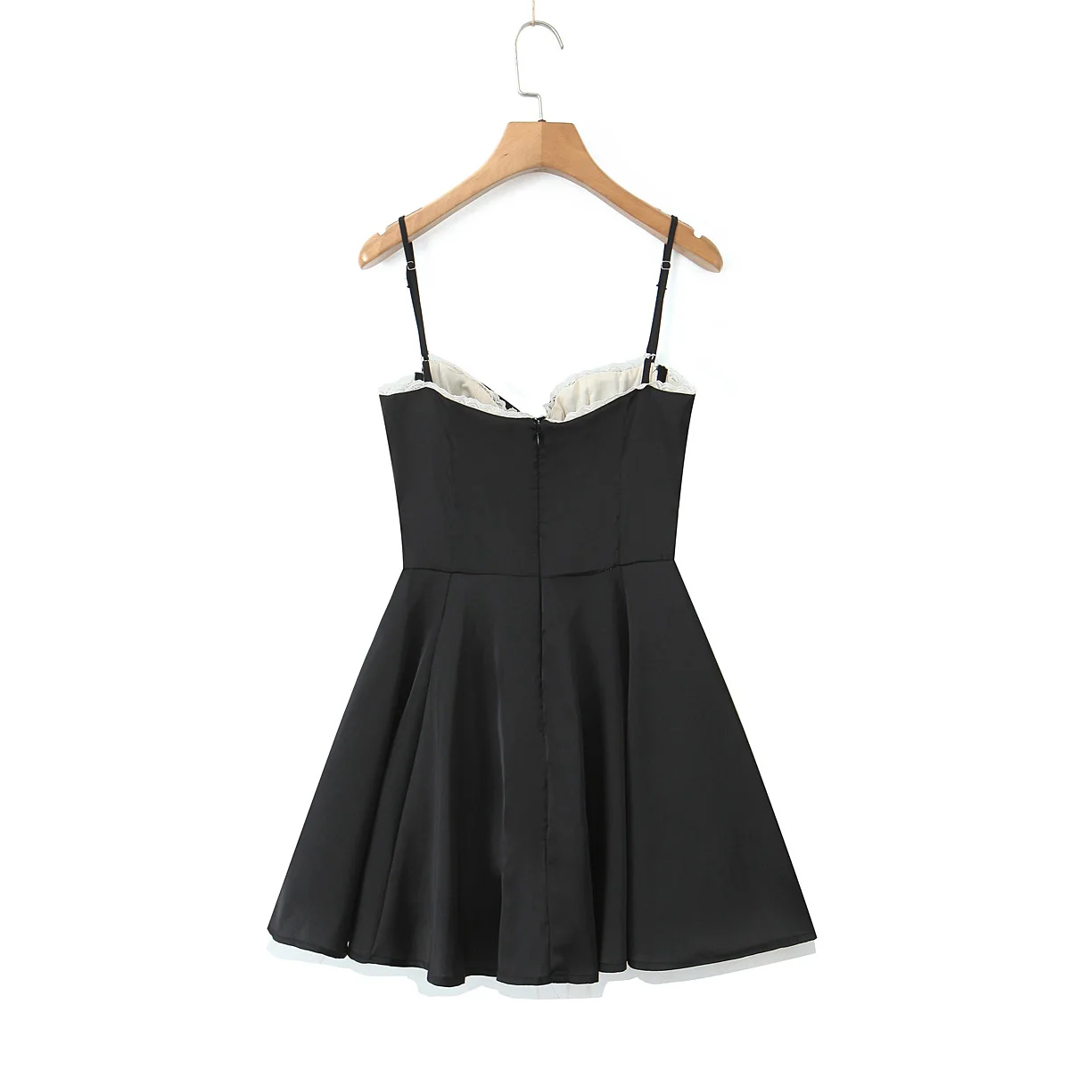 2024 Sexy Black Satin Corset Style Sling Mini Dress Women Lace V Low Chest 2-layers Lining Hem Ball Gown Swing Party Robe