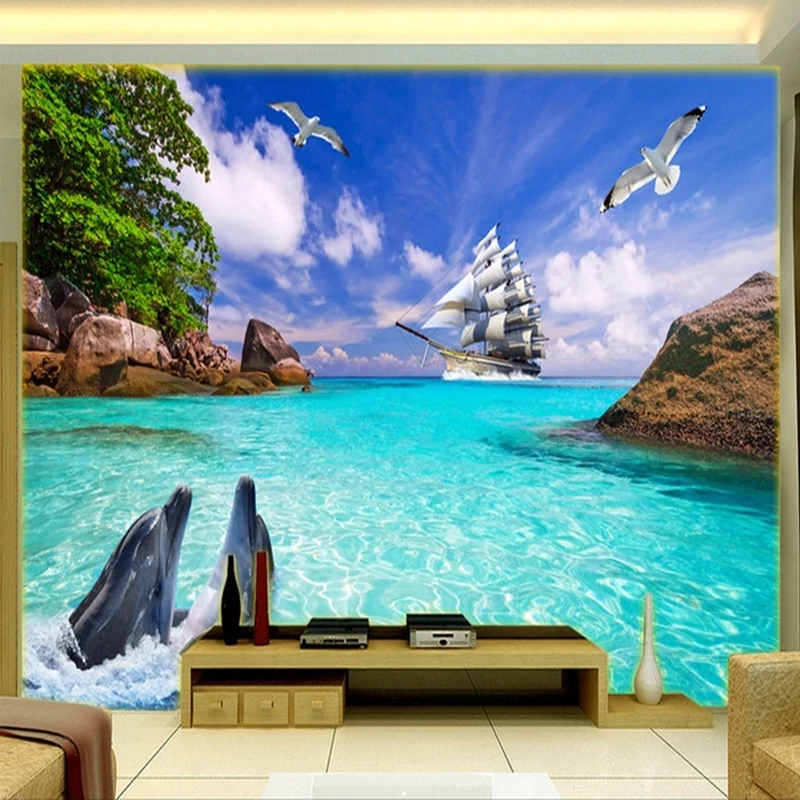 Customized 3D Photo Wallpaper Dolphin Sea Island Nature Landscape Mural blue sea Living room TV background bedroom restaurant 8d