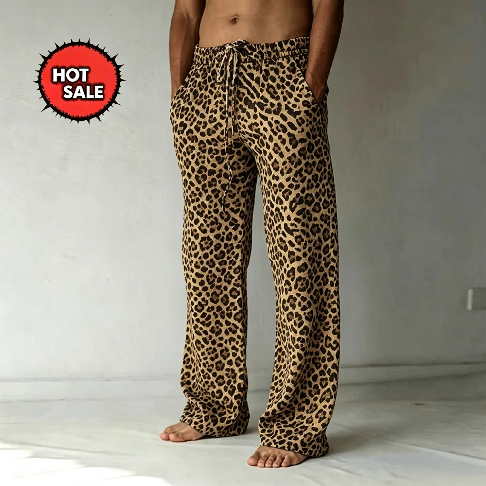 Men's Classic Leopard Print Drawstring Wide Leg Pants, Retro Casual Straight Pants for Spring & Summer