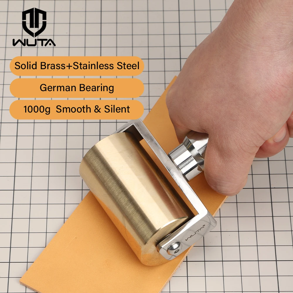 WUTA Design 1000g Smooth & Silent Solid Brass+Stainless Steel Leather Craft Roller Edge Creaser Glue Laminating DIY Tools 65mm
