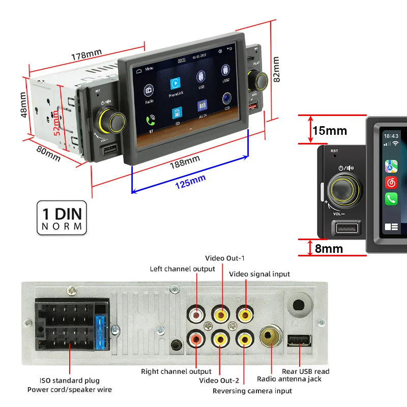 Car Radio 1 Din Wireless CarPlay 5\