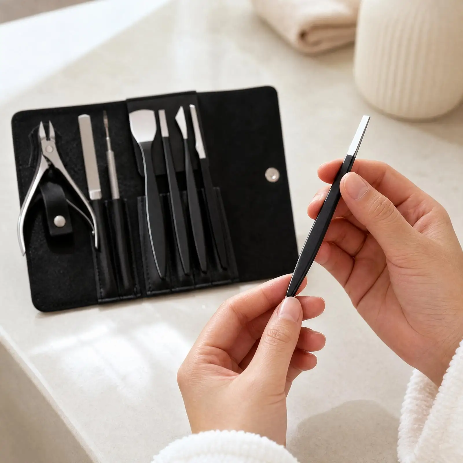 7 Pieces Nail and Foot Care Tool Kit Foldable Manicure Kit with PU Leather Case Portable Manicure Set with Leather Case for