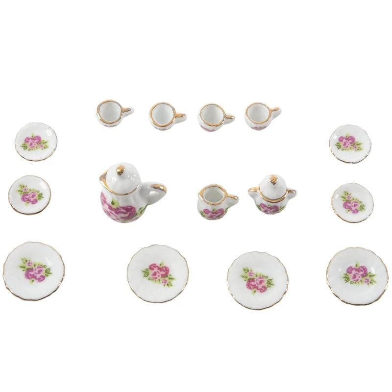 

15 pieces Porcelain tea set Dollhouse miniature foods Chinese rose dishes cup