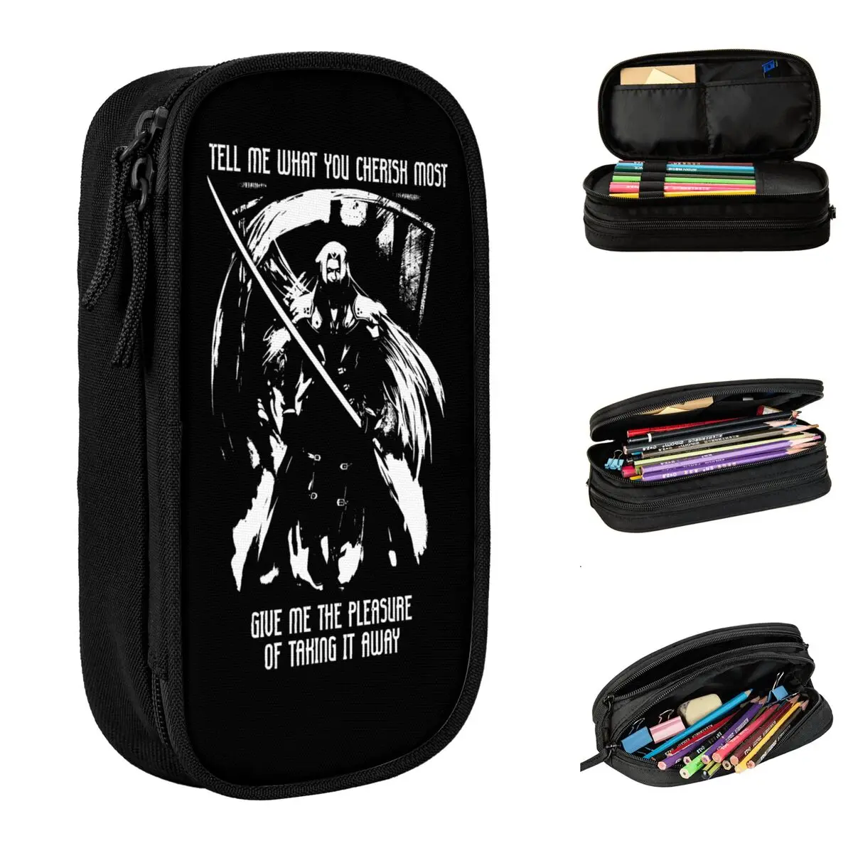 estojo de lapis de camada dupla para mulheres bolsa de maquiagem de grande capacidade sephiroth final fantasy anjo alado acessorios de escritorio 01