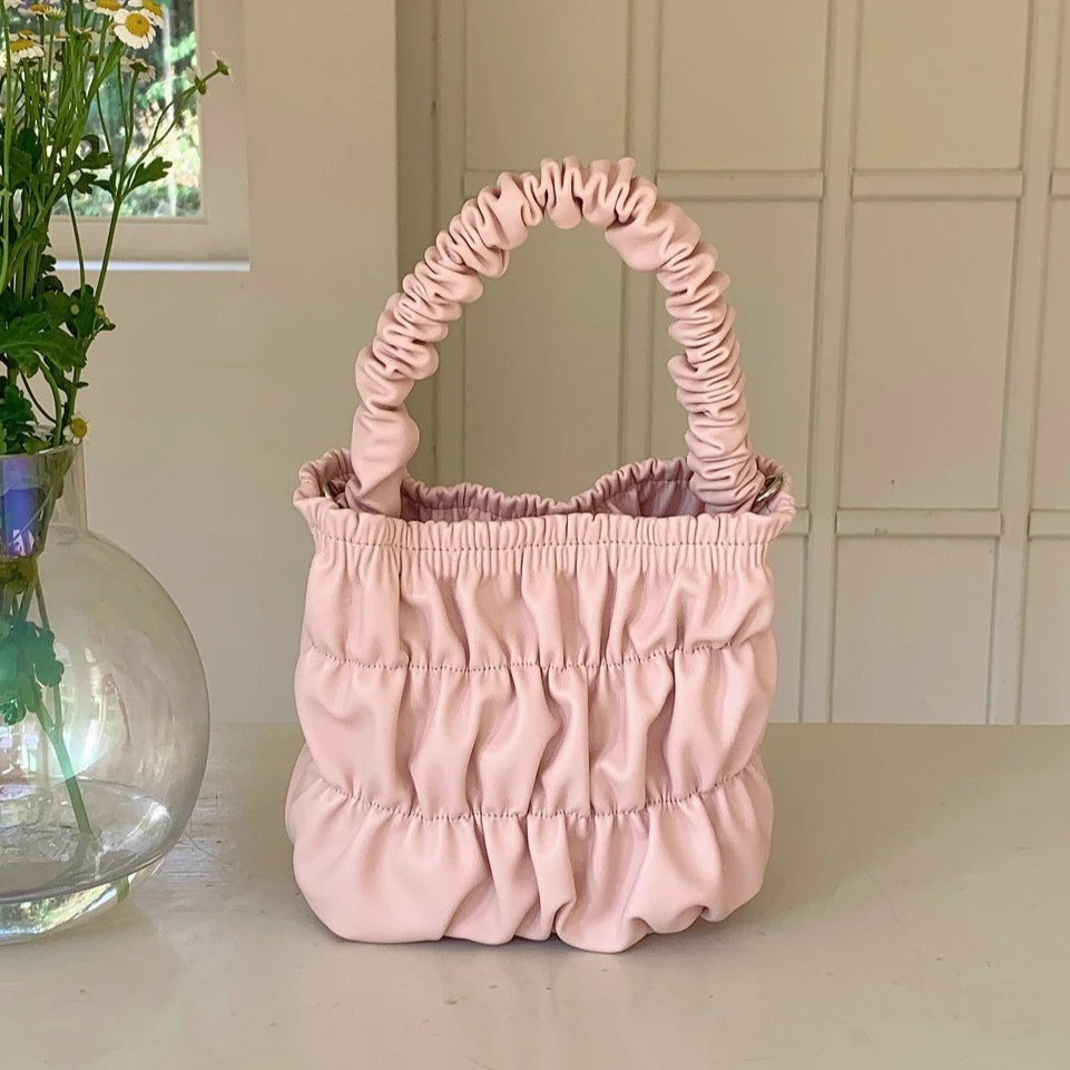 

PU Leather Small Bucket Crossbody Bags for Women New Fashion Pleated Versatile Phone Shoulder Bag Korean Luxury Handbags