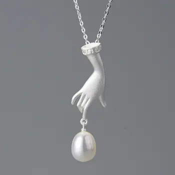 Lotus Fun 18K金天然珍珠手形吊墜項鍊,女士禮物,925純銀鍊,時尚奢華精美珠寶 12 最佳銷售 蓮花樂趣 - №12