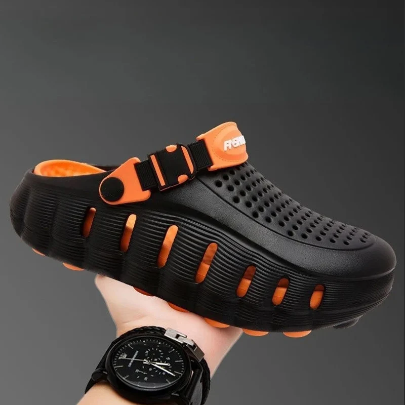 Summer Men's New Outdoor Non Slip Cool Slippers Thick Soled Clogs Cave Shoes One Step Trendy Thick Bottom Odor Proof Beach Shoes
