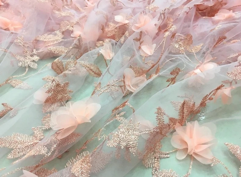 

High Quality New Lace Embroidery Fabric for Children's Clothing, 3D Chiffon Flower Applique, Weeding Dress Fashion Accessories