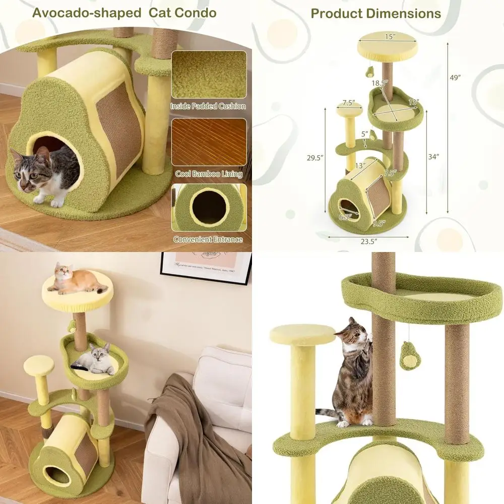 

49 Avocado-Style Indoor Cat Tower with Multi-Level Perches, Jute Scratchers, Grooming Brush, and Toys
