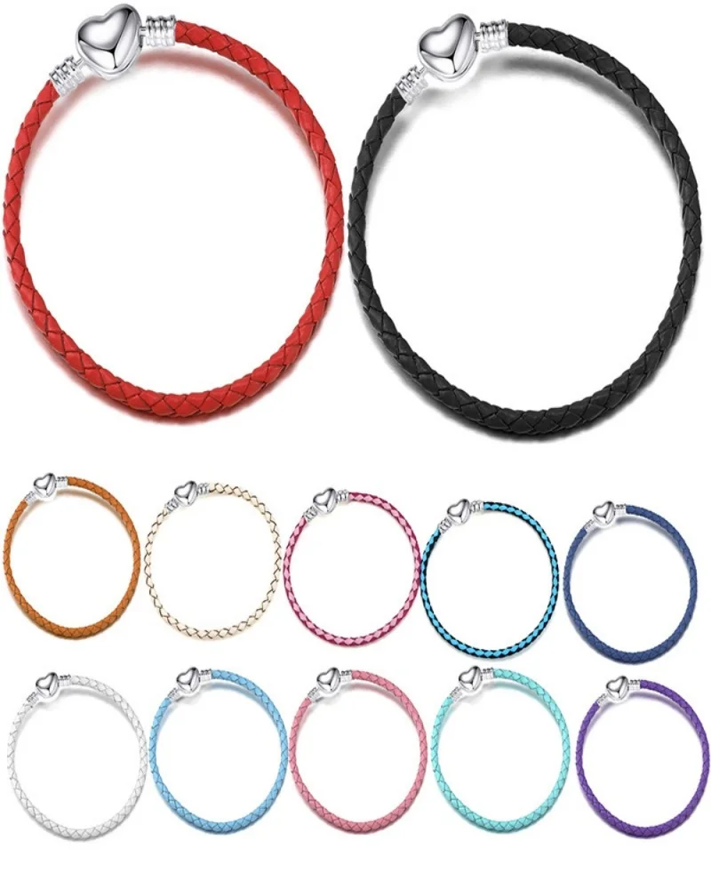 Pulseira de casal amor cor prata, laço único, meninos e meninas, corda de couro, corrente básica para pandora, pulseiras de natal, presentes