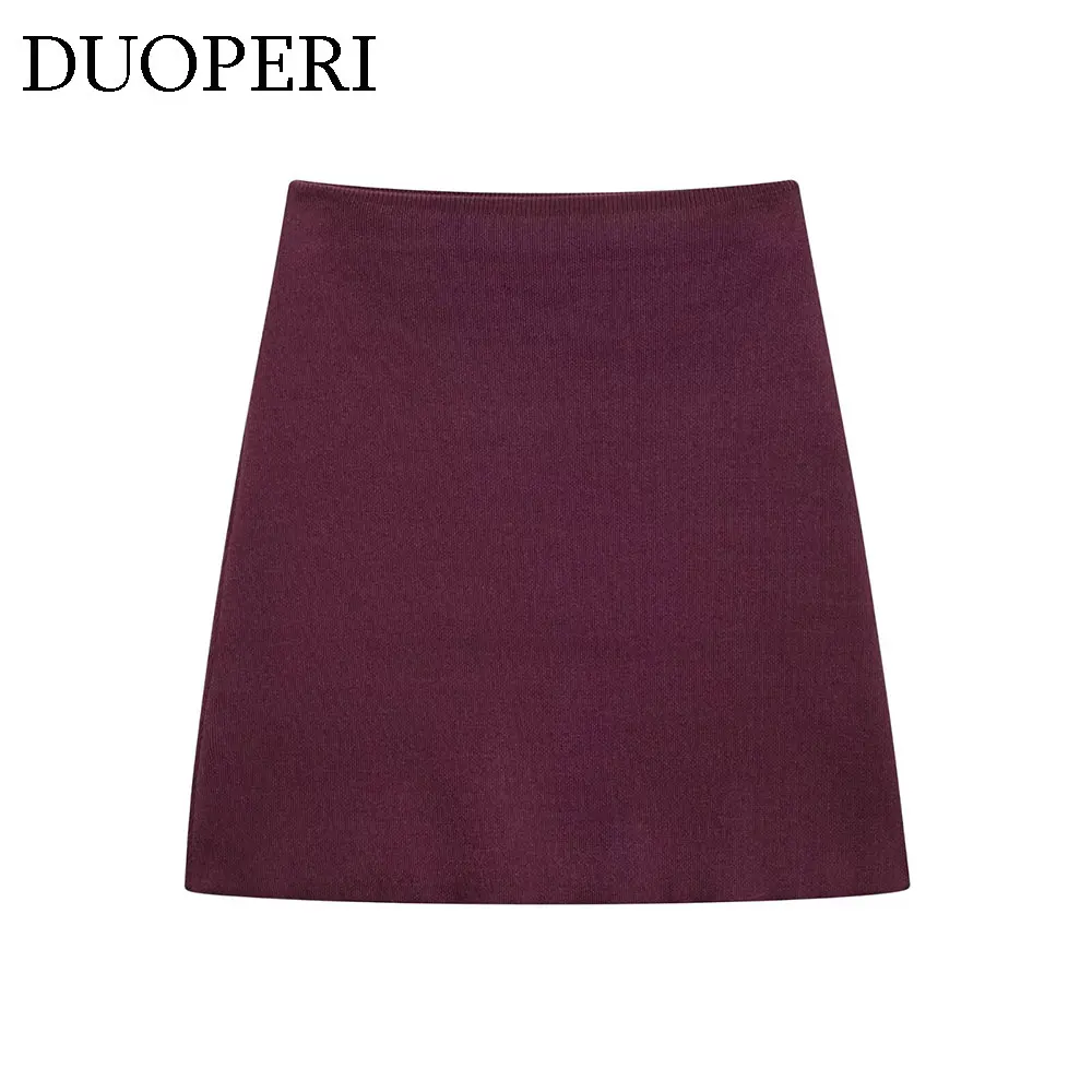 

DUOPERI Women Fashion Wine Red Knitted A-Line Mini Skirt High Elastic Waist Casual Female Chic Lady Skirts