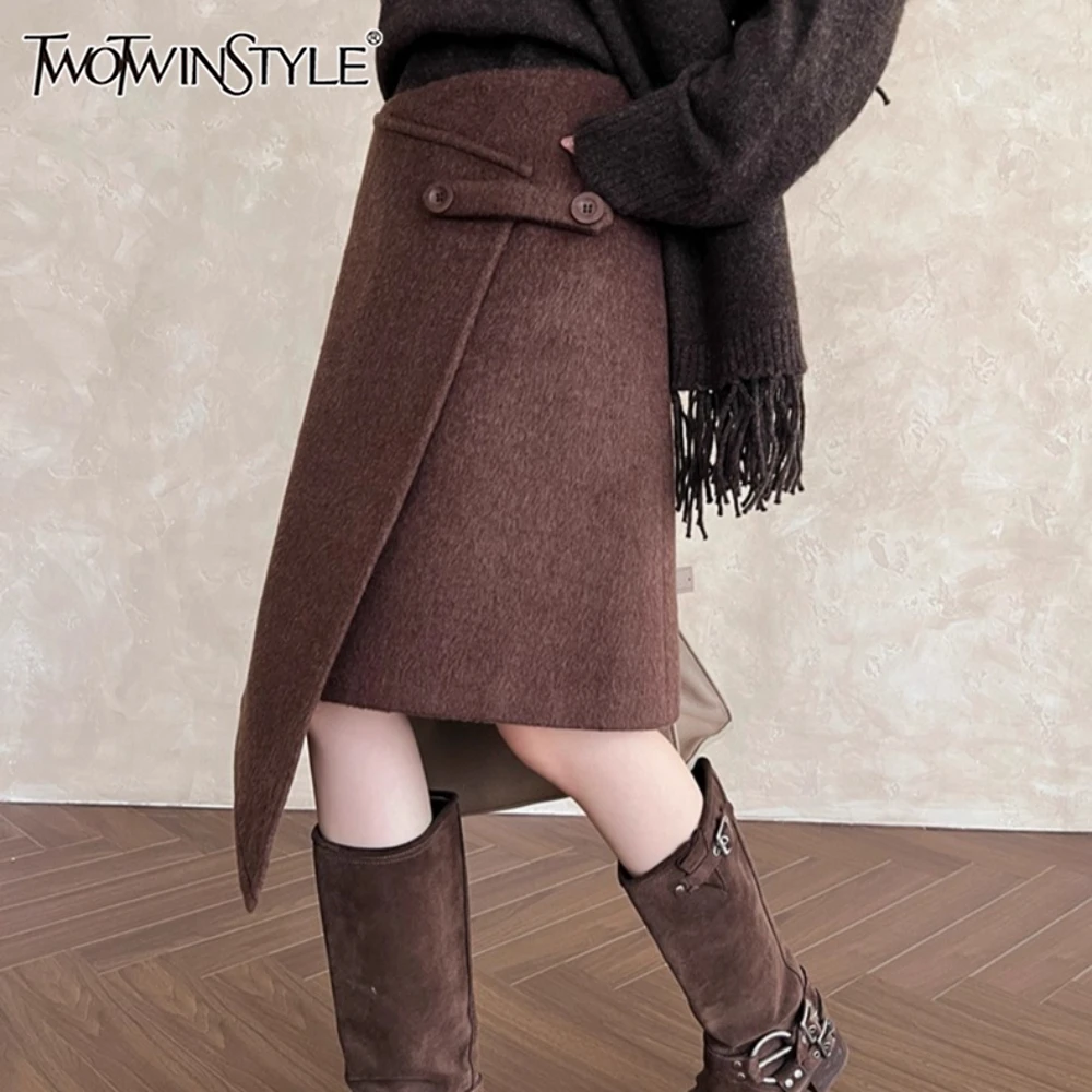 

TWOTWINSTYLE Solid Spliced Button Irregular Chic Skirt Female High Waist Loose Vintage Elegant Women's Skirts Autumn New Fashion