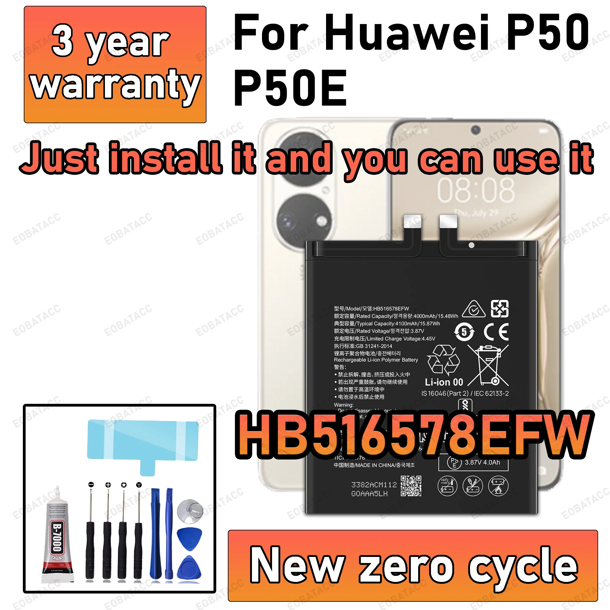 

100% New High Capacity HB516578EFW Battery For Huawei P50/P50E Phone batteries batteria+Free Tools
