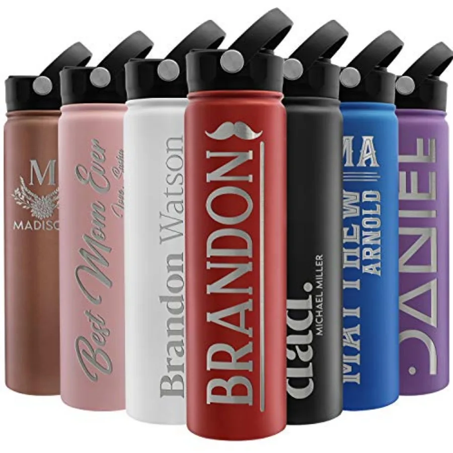 Personalized Water Bottle w/Straw Lid, Double-Wall Insulated 24 oz - 12 Designs - 8 Colors Custom Water Bottle w Name, Text - D
