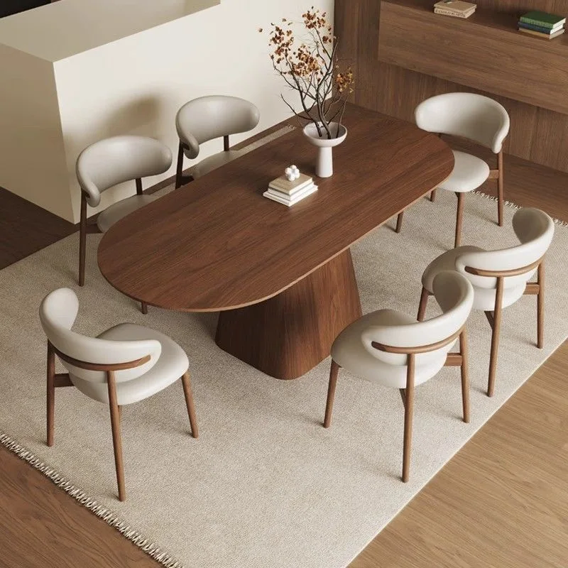 Modern Oval Wood Dining Room Table 6 Seater Walnut Chairs Set Eco-Friendly Extendable Home Furniture