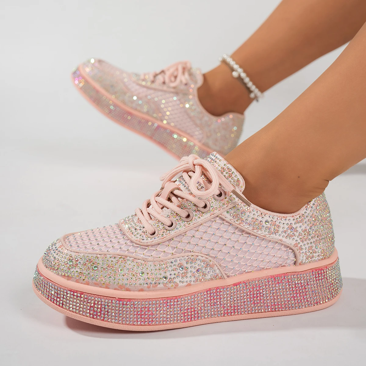 Plus-size Rhinestone Casual Shoes for Women 2026 Spring New Embroidered Lace-up Sneakers, Versatile and Fashionable with A Bow