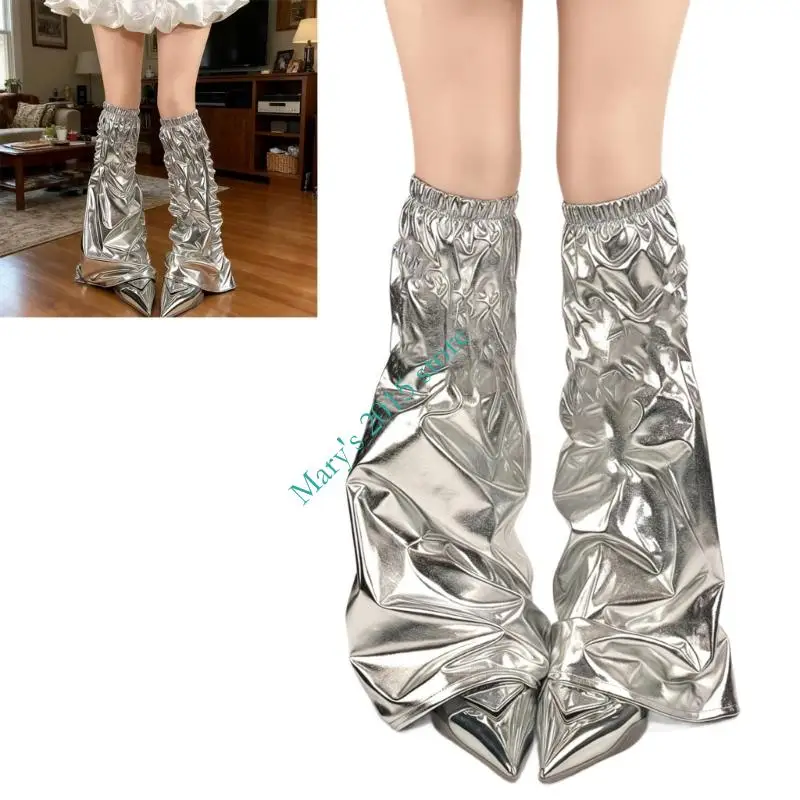 

E15F женские гетры из искусственной кожи в стиле Харадзюку в стиле панк с серебристым металликом, широкие расклешенные ботинки,
