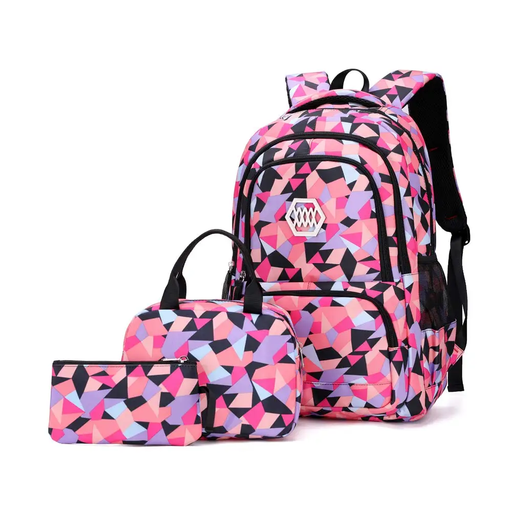 Geometric Print Kids Backpack for Girls Boys Primary Middle School Bag Bookbags Free Lunch Bag and Coin Purse