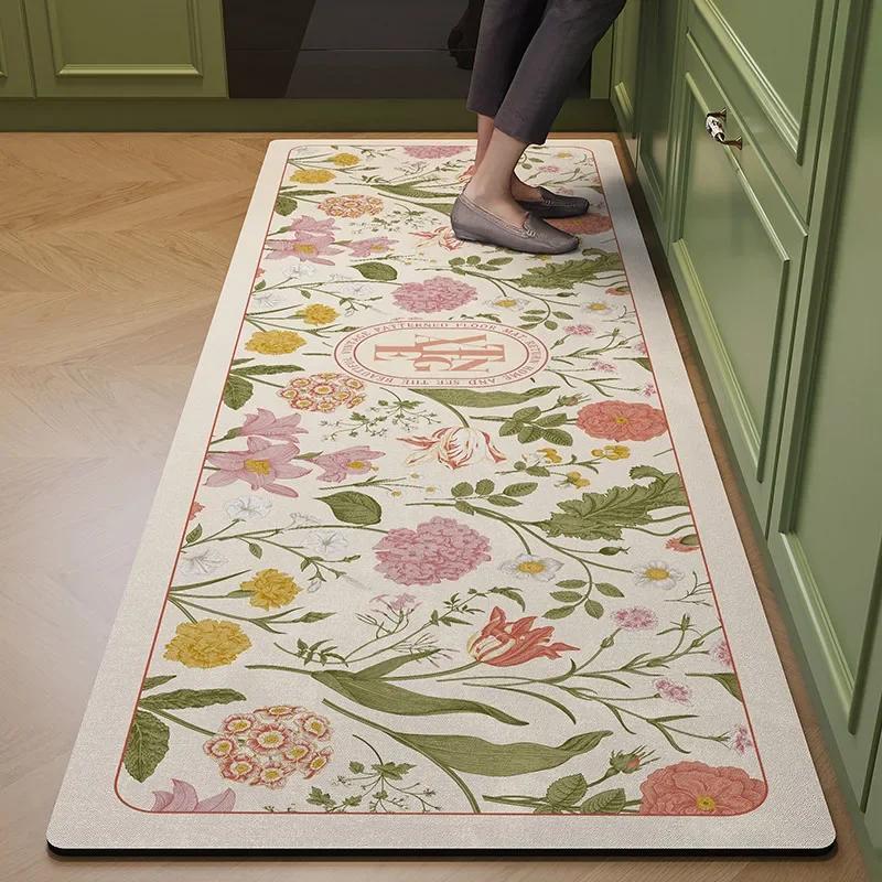 Tapis de sol en cuir imperméable et résistant à l\'huile, tapis de pied en PVC, polymère de cuisine, fleur florale, décoration de la maison