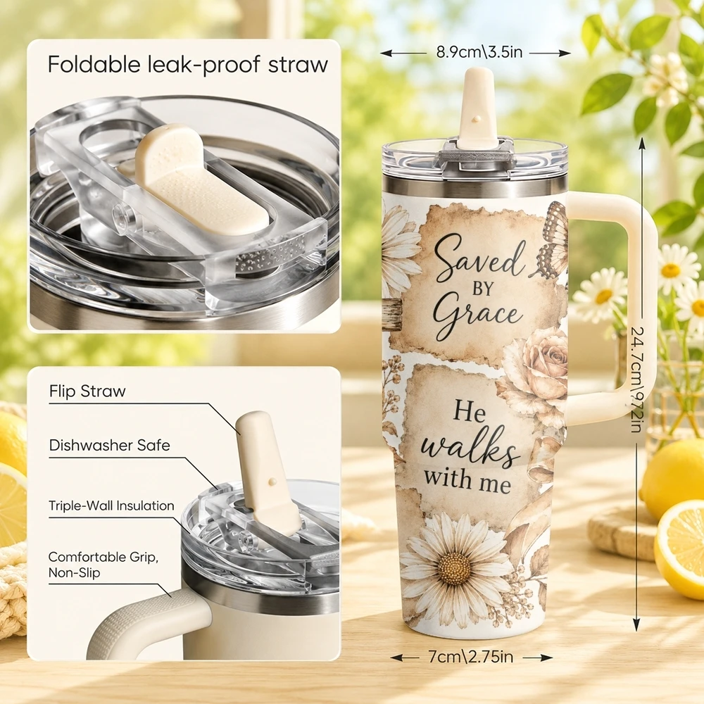 The Power of God Vacuum Flasks 40oz Stainless Steel Tumbler with Handle Straw Lid Vacuum Insulated Double Wall Leak Proof