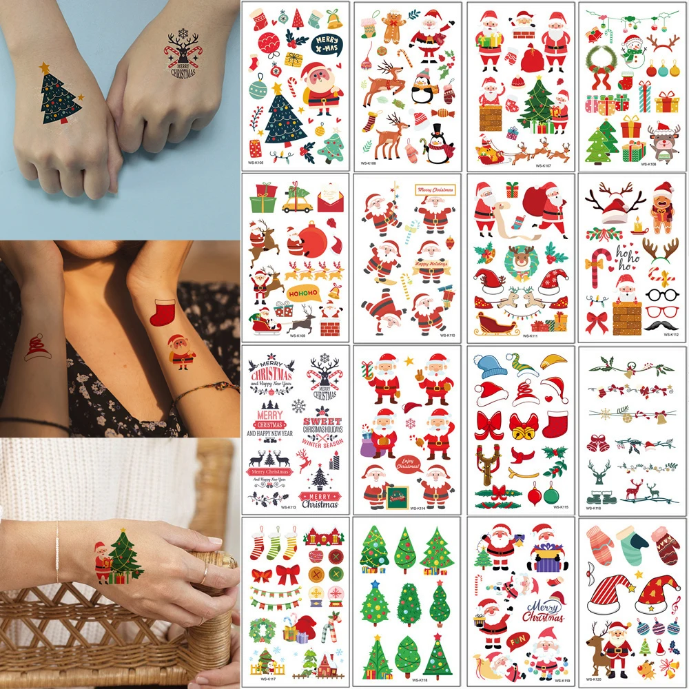 

16 шт., рождественские татуировки-наклейки для декора тела, водонепроницаемые мультяшные временные татуировки, Санта-Клаус, снеговик, поддельные татуировки, фестиваль