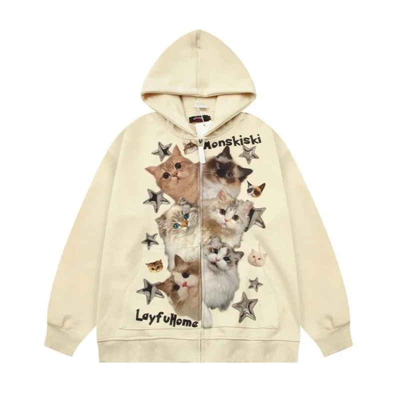 

Star Kawaii Cat Print Sweatshirts Y2k Women Preppy Style Vintage American Hooded Cartoon Sweet Coats Oversize Sudadera Mujer