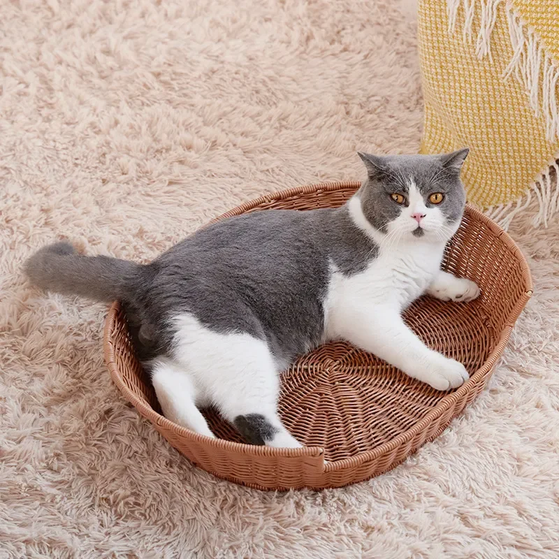 Washable Cat Litter Mat Imitation Rattan Weaving Design Universal All Season Cool Nest for Cats and Small Dogs Open Bed
