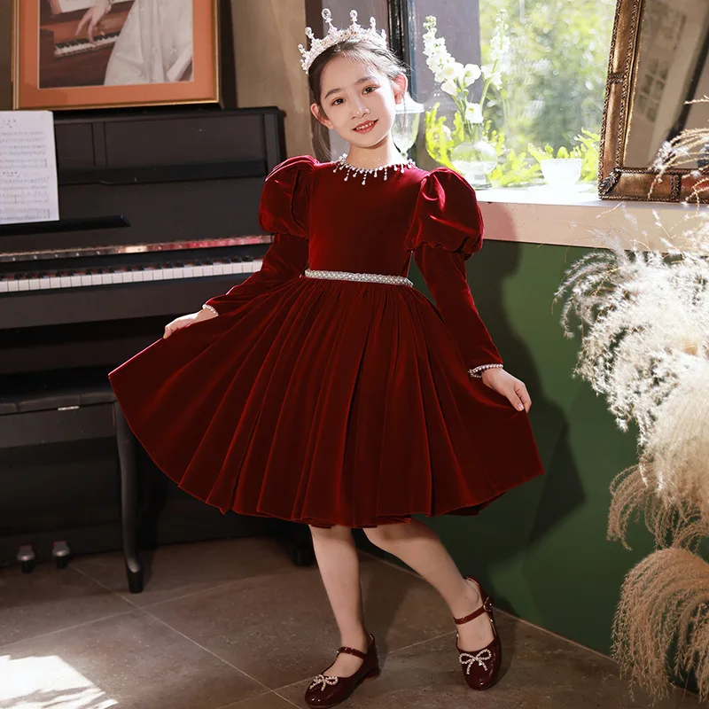 2025 Children's Dress Girls' Princess Red Dress New Year Birthday Host Piano Dresses Autumn Spring Clothes for Eid Kids Vestidos