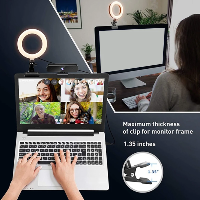 Anel de lâmpada com tripé para laptop, computador desktop, iluminação de videoconferência, suporte do telefone, clip on, abs, 1 conjunto
