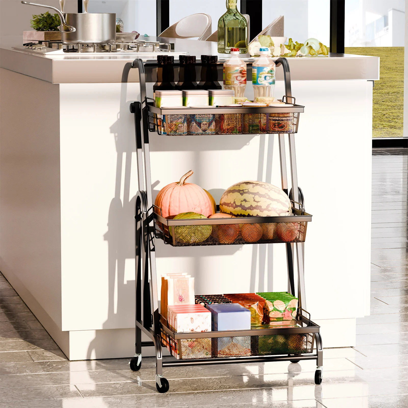 3-Layer Rolling Foldable Metal Storage Cart With Detachable Mesh Basket Space-Efficient Fruits Vegetables Organizer Storage Rack