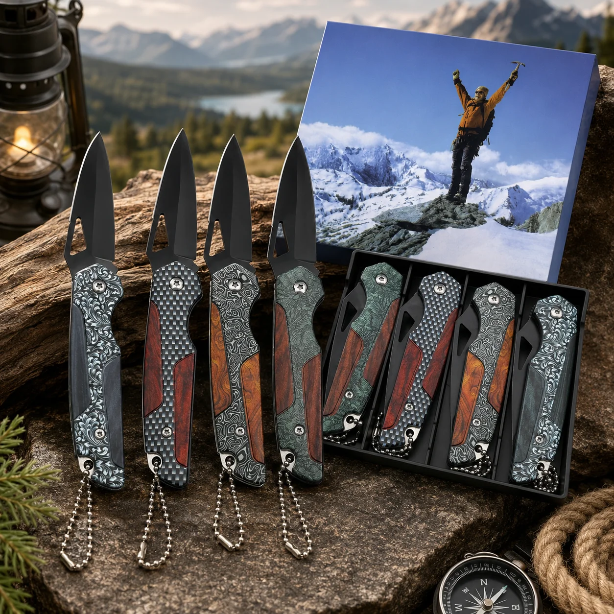 Image of 4er-Pack Taschenmesser-Set Klappmesser mit Clip Edelstahlklinge Camping EDC-Messer Outdoor Wandern Herren Geschenk