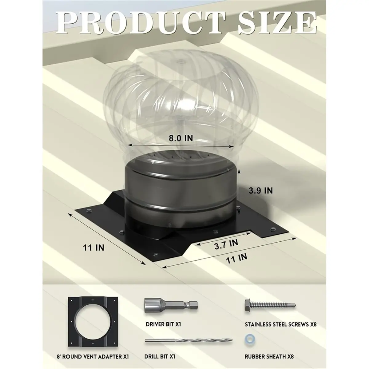 【A77K】Adaptateur de ventilation de toit à turbine tourbillonnante de 8" pour conteneurs maritimes - Base de montage sur toit en ondulé, turbine non incluse