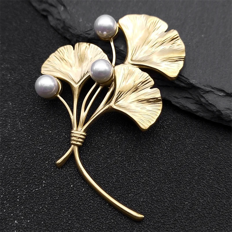 Retro Elegant Ginkgo Leaf Brooches for Women Stainless Steel Gold Color Wedding Party Brooch Pin Accessories Jewelry Gift